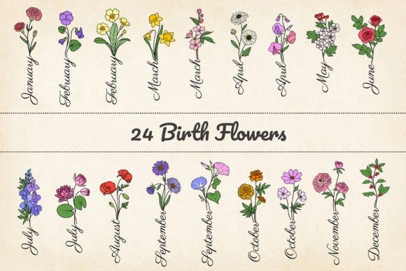 24 Minimalist Birth Month Flowers SVG