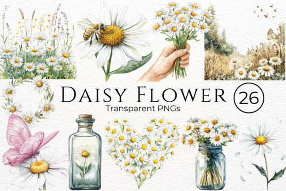 Daisy Flower Watercolor Cliparts – Beautiful Floral Designs for Crafts & DIY Projects