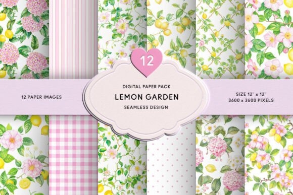 Pink Floral Lemon Garden Digital Paper – Fresh & Vibrant Designs for Crafts & DIY Projects