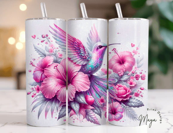 Pink Hummingbird 20oz Tumbler Wrap – Elegant Design for Custom Tumblers & DIY Projects