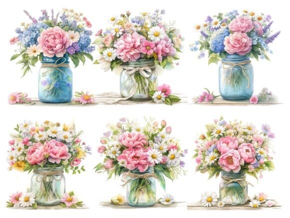 Watercolor Mason Jar Flowers Clipart - Beautiful & Artistic Floral Design