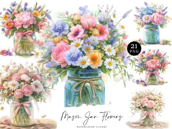 Watercolor Mason Jar Flowers Clipart - Beautiful & Artistic Floral Design