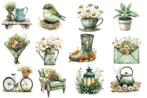 Watercolor Sage Green Spring Clipart - Fresh & Serene Floral Design