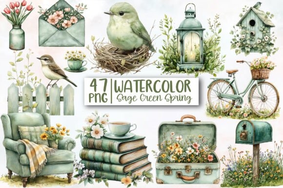 Watercolor Sage Green Spring Clipart - Fresh & Serene Floral Design