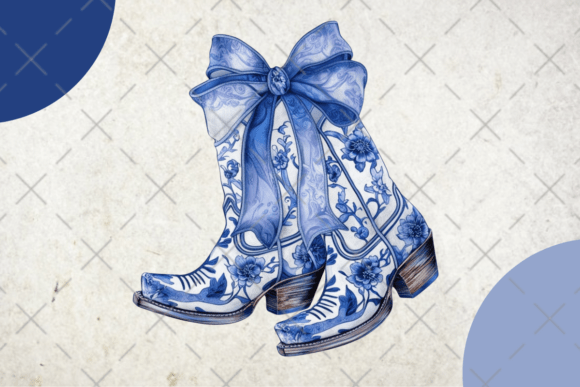 Blue Cowgirl Boots Chinoiserie Coquette - Elegant & Trendy Fashion Design