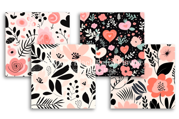 Pink Black Retro Flower Digital Paper - Bold & Stylish Floral Patterns