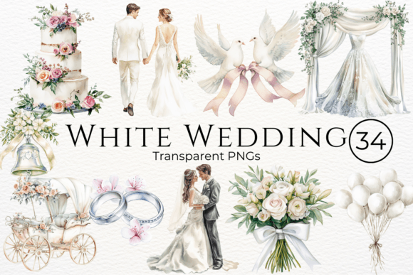 White Wedding Watercolor Cliparts – Elegant Floral Designs for Invitations & DIY Projects