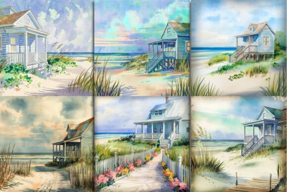 Watercolor Blue Beach Cottage Background – Serene Coastal Design for Creative Projects