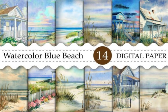 Watercolor Blue Beach Cottage Background – Serene Coastal Design for Creative Projects