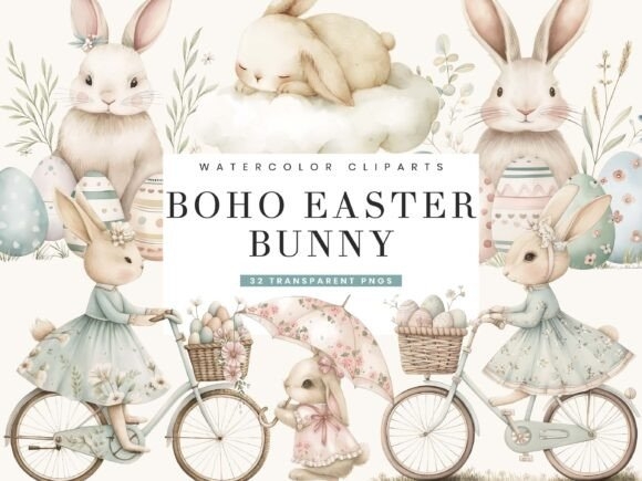 Boho Easter Bunny Clipart Bundle - Whimsical Easter Designs for Crafts