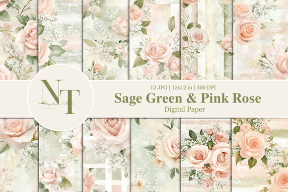 Sage Green & Pink Rose Digital Paper - Elegant Floral Designs for Crafts