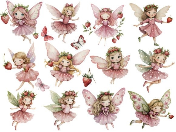 Spring Strawberry Fairy Garden Clipart - Whimsical Fairy Designs for Crafts