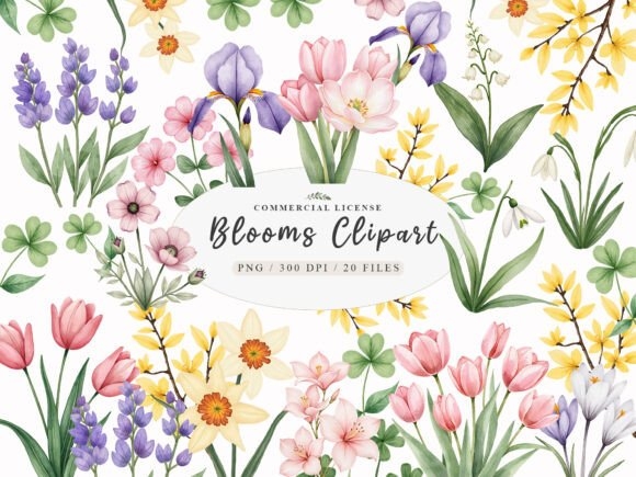 Watercolor Botanical Spring Blooms PNG - Elegant Floral Designs for Crafts