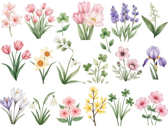 Watercolor Botanical Spring Blooms PNG - Elegant Floral Designs for Crafts