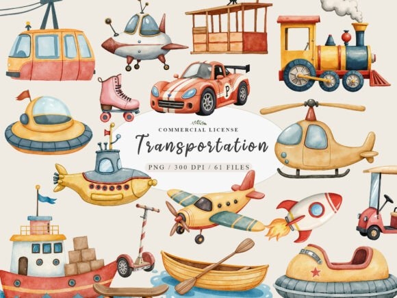 Watercolor Cute Transport Clipart | Car & Airplane PNG Set