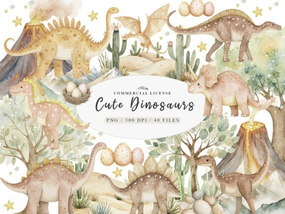 Watercolor Prehistoric Cute Dinosaur PNG | Adorable Dino Art