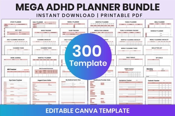 Mega ADHD Planner Bundle for Canva – Organize Your Life with Customizable Templates