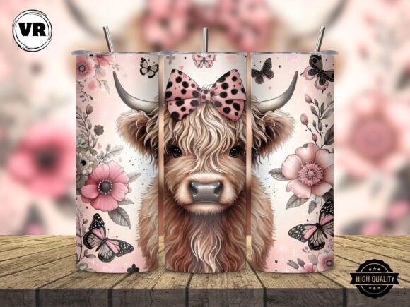 Pink Floral Highland Cow Tumbler Wrap – Charming Design for Custom Tumblers