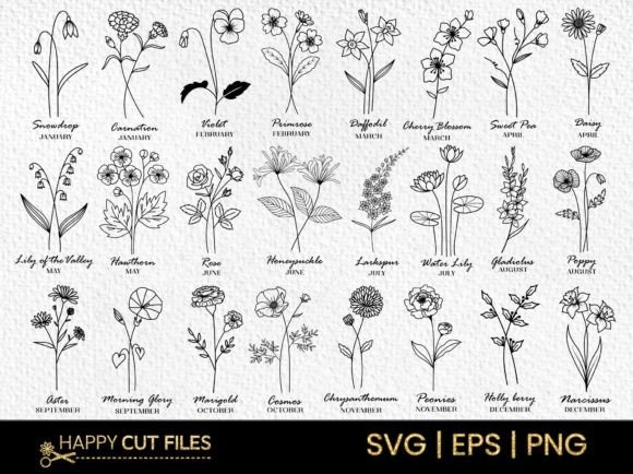 Birth Month Flower SVG Bundle Clipart – Customizable Designs for All 12 Months