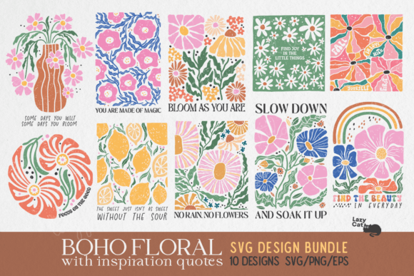 Boho Floral Quotes SVG PNG Bundle – Customizable Designs for Crafts and Gifts