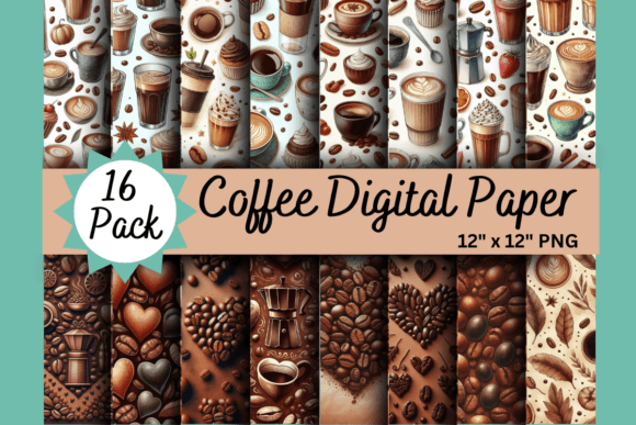 Coffee Digital Paper 16 PK PNG – Coffee-Themed Designs for DIY Projects