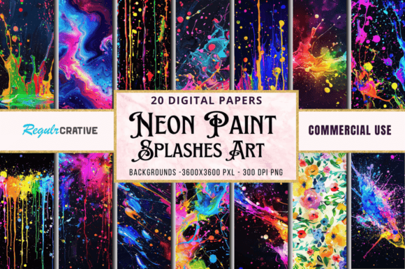 Colorful Neon Paint Splashes Art Papers – Vibrant Digital Paper for Creative Projects