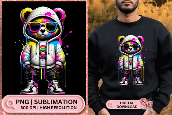 Neon Hip-Hop Teddy Bear PNG – Customizable Sublimation Design for Creative Projects