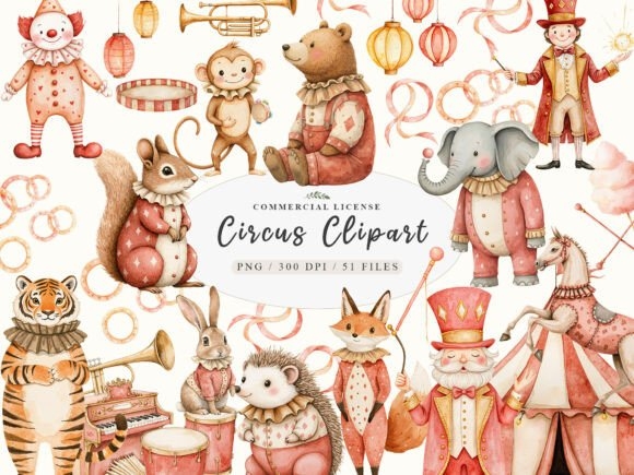 Watercolor Vintage Circus Party Animal – Charming Clipart for Custom Designs